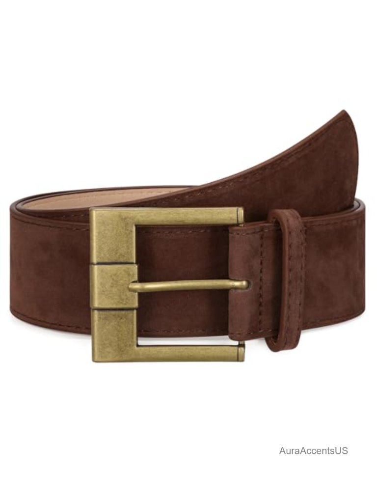 Wide Suede Leather Belt With Brass Buckle For Dresses & Jeans